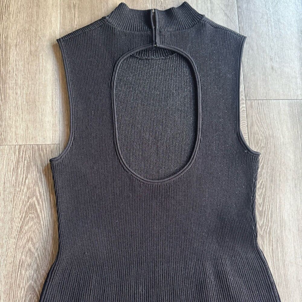 Theory Black Ribbed Knit Stretch Sleeveless Fit & Flare Dress Small Cutout Metal - Picture 8 of 16